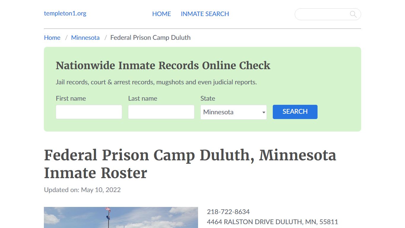 Federal Prison Camp Duluth, Minnesota Inmate Booking